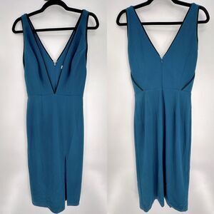 Dress The Population Deep V Neck Crepe Midi With Black Pipping Dress